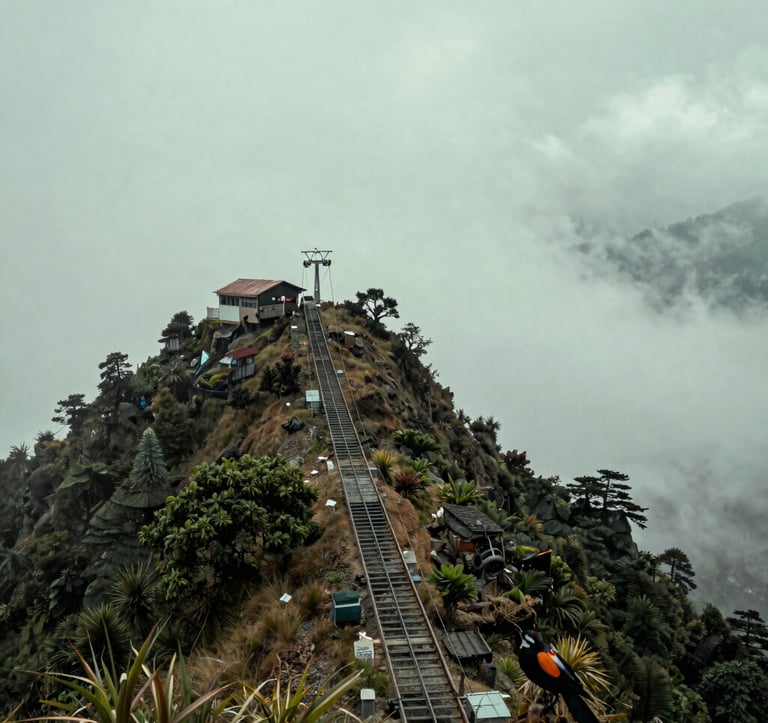 Detailed photography of the cable car track disappearing into the clouds at Phulchoki peak, viewed from a high angle, with a glimpse of a rare Nepalese bird in the foreground, muted forest green foliage and pale mist green sky.