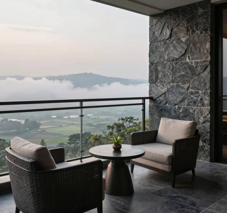 High-end 5-star resort balcony in Godawari overlooking the clouds and the distant Tarai plains, elegant furniture, stone textures in dark slate grey, luxurious atmosphere, soft natural morning lighting.