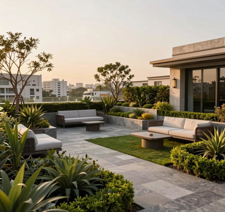 An expansive terrace garden with professional architectural landscaping on a luxury apartment roof. Features manicured greenery, stone pathways, and contemporary outdoor furniture. Golden hour lighting creates a warm, trusted atmosphere in an Indian urban setting.
