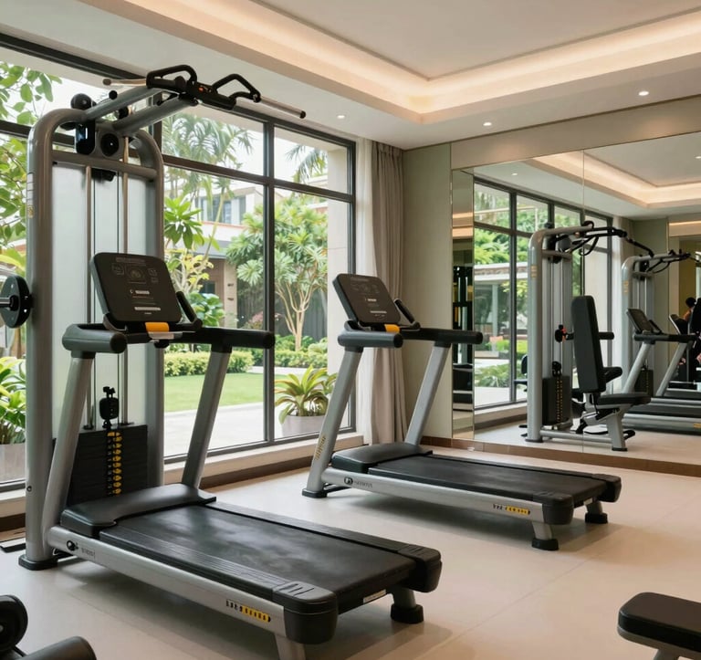 A professional photograph of a modern fitness gym within a luxury residential complex in India. High-end equipment, large windows showing the greenery of Argora, and a sophisticated sage green and white interior palette.