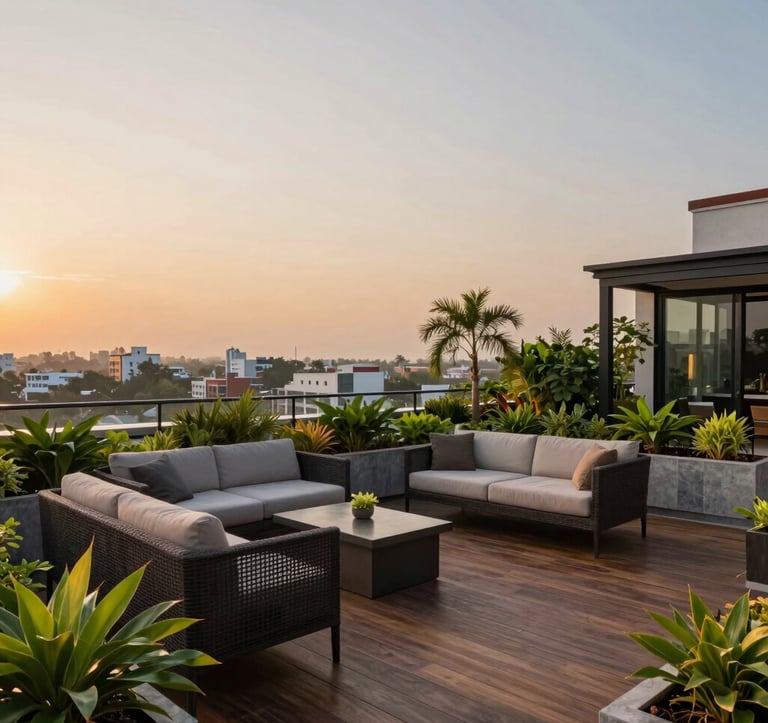 A sophisticated rooftop terrace garden with premium outdoor seating, wooden decking, and lush green landscaping overlooking the city of Ranchi during sunset, South Asian / Indian luxury lifestyle context.