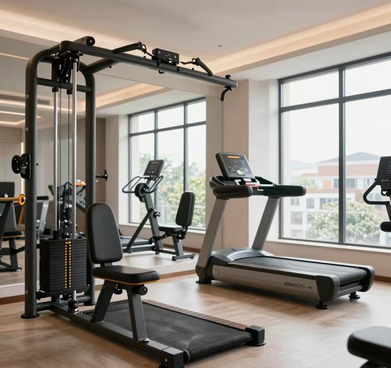 An interior shot of a high-end, modern home gymnasium with state-of-the-art equipment, bright natural lighting through large windows, and clean contemporary design, South Asian / Indian apartment amenity style.