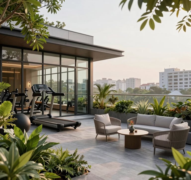 A high-end rooftop terrace garden scene in a premium residential project. The background shows a modern gym with floor-to-ceiling glass windows. Lush green plants and elegant outdoor furniture create a serene atmosphere. Soft morning light over a South Asian / Indian urban landscape.
