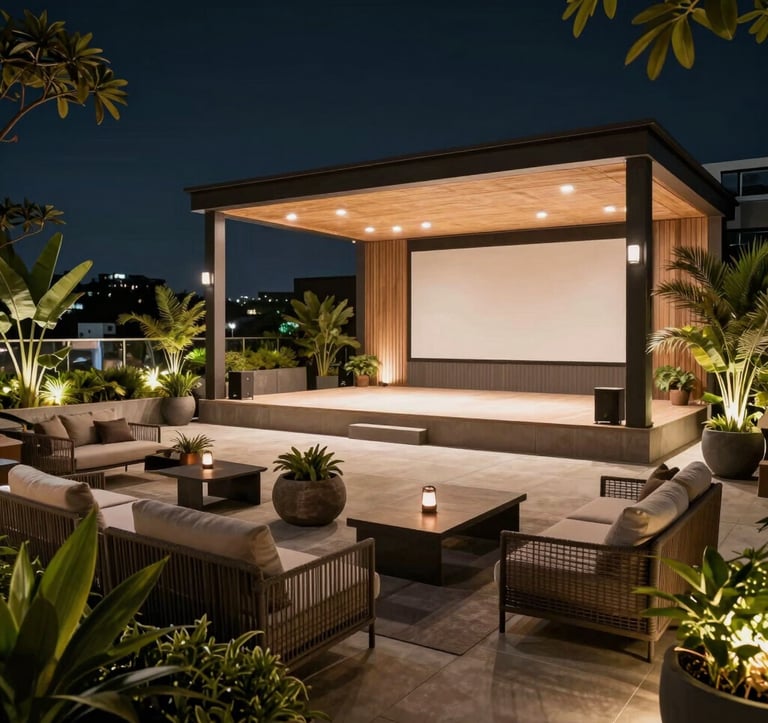 Photography of a luxury rooftop terrace garden at night with a modern open-air theatre setup. Soft ambient lighting, contemporary lounge furniture, and lush potted plants. Elegant South Asian / Indian atmosphere reflecting high-end residential amenities.