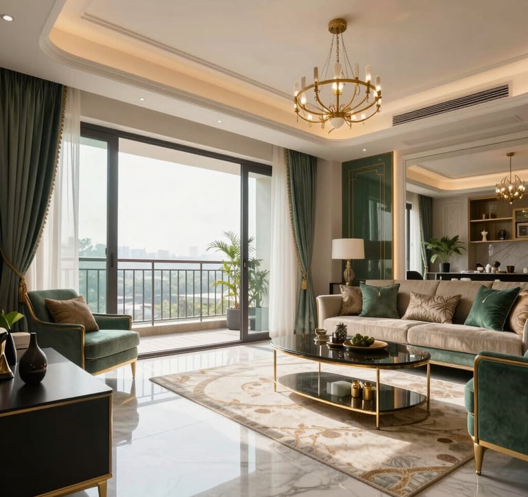 Interior photography of a spacious, sunlight-filled 3BHK living room with an east-facing balcony. Elegant contemporary South Asian decor with muted green and gold accents. High ceilings, marble flooring, and sophisticated furniture reflecting a luxury home.