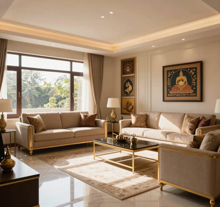 Interior photography of a luxury 3BHK living room in a South Asian / Indian home. The space is vast and bright, featuring Vastu compliant east-facing windows that allow warm sunlight to hit beige and gold-trimmed furniture. Modern, sophisticated decor with a touch of traditional Indian art on the walls.