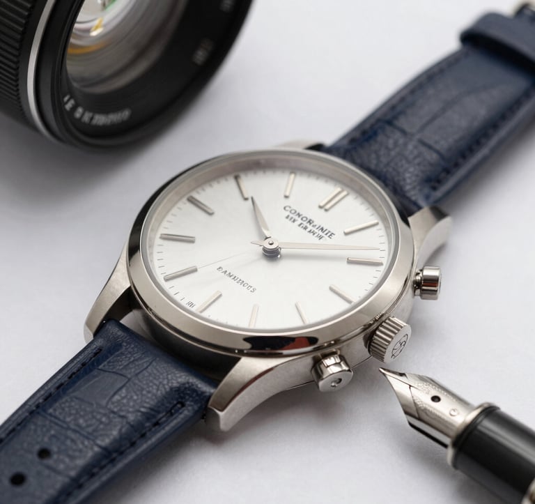 Macro photography of a high-end luxury watch and a fountain pen on a desk. Sharp focus, clean composition, using deep midnight navy and pristine soft white tones.
