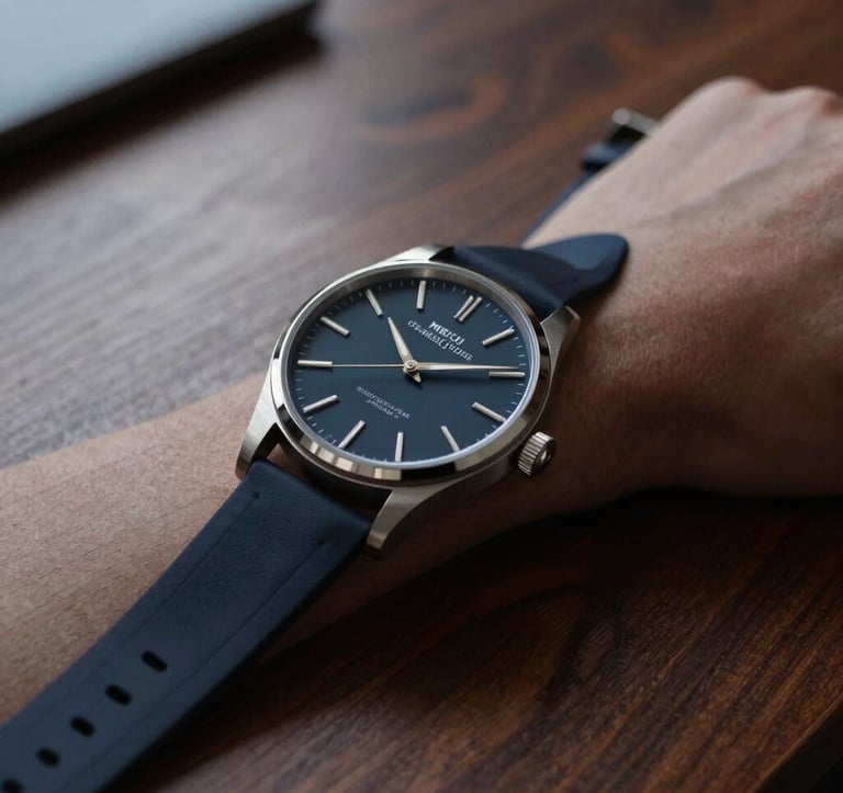 A minimalist, close-up shot of a luxury watch on a wrist, resting on a dark wood boardroom table. The lighting is focused and dramatic, highlighting quality and precision. Colors: Deep Midnight Navy and Slate Steel Blue.