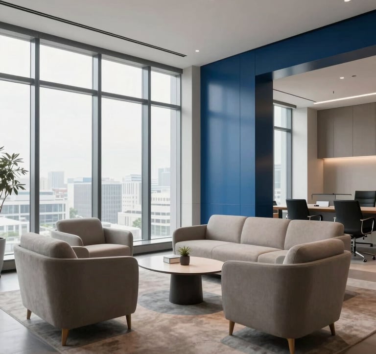 An elegant, minimalist interior of a modern office lounge. High-end design, neutral tones, featuring strategic steel blue accents and large windows with soft daylight.