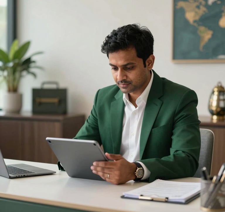A professional South Asian / Indian travel consultant in a modern, elegant office setting in Gaya. The person is engaging with a digital tablet, surrounded by high-end travel decor. The color scheme features deep forest green and pearl white accents.