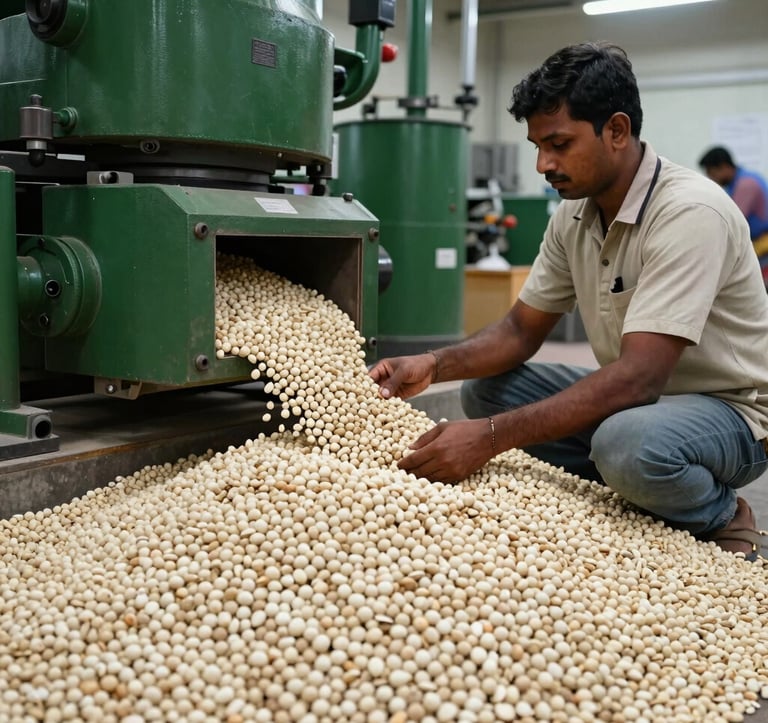 A professional manufacturing facility in a South Asian / Indian setting where workers are carefully sorting high-quality Makhana. The scene is lit with clean, bright light, highlighting the dark forest green industrial elements and natural off-white products.