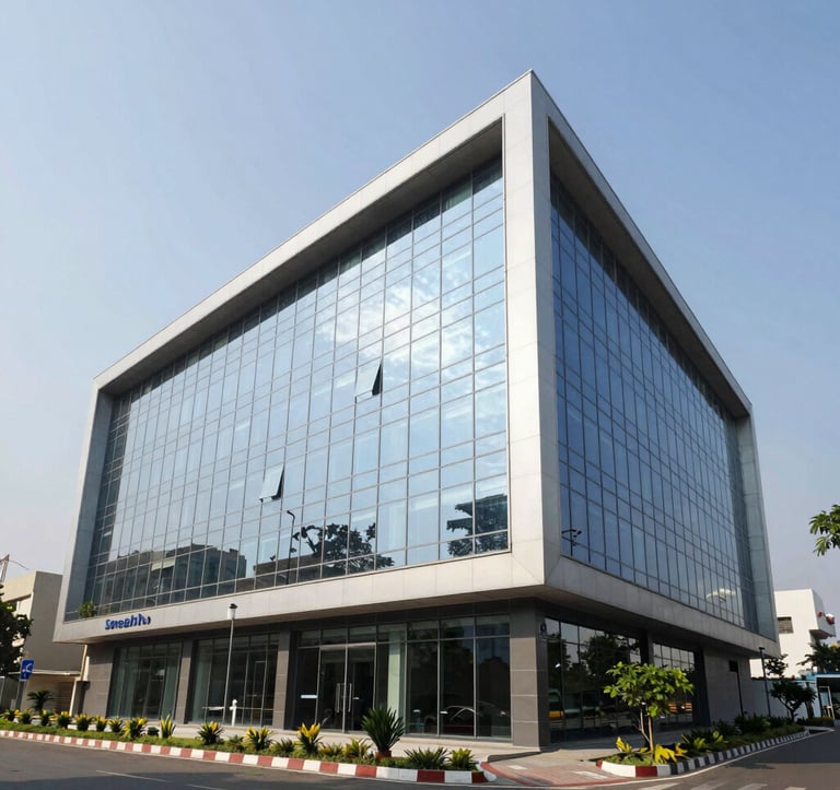 An architectural photograph of a modern corporate branch office in a South Asian / Indian city environment like Patna. The building features clean lines and a professional glass facade, reflecting the sky and surrounding greenery.