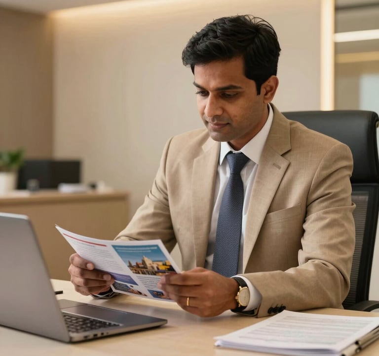 A professional South Asian / Indian travel consultant in a modern Patna office, dressed in elegant business attire, assisting a client with travel brochures under soft, warm lighting that accentuates the sand beige and gold interior tones.