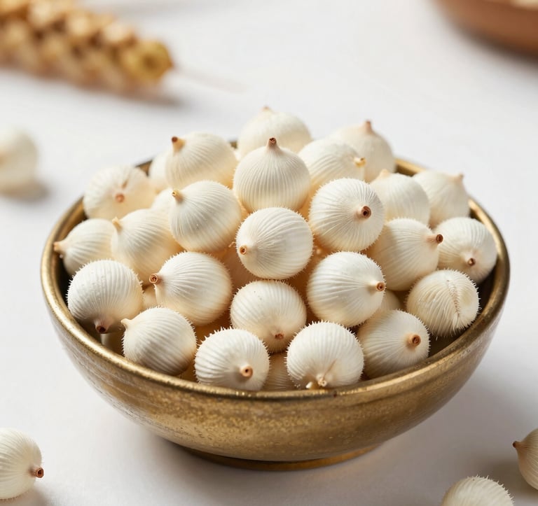 A high-quality macro photograph of white, puffed Makhana seeds beautifully arranged in a traditional South Asian / Indian bowl. The background is a clean, pearl white kitchen surface with soft natural lighting and a hint of harvest gold.