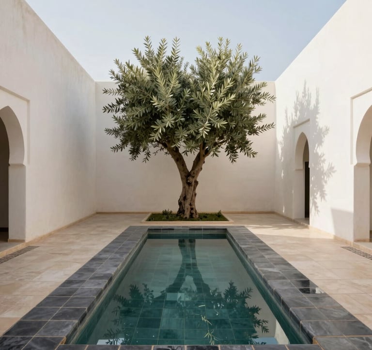 A wide angle shot of a minimalist North African / Moroccan courtyard garden. A narrow reflecting pool is lined with dark charcoal tiles. Soft off-white walls surround the space, and a single olive tree stands as a focal point. Bright, natural daylight creates clean lines and a peaceful, premium atmosphere.