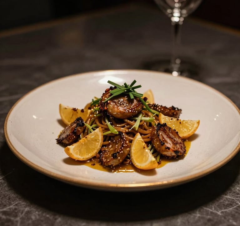 Close-up of a beautifully plated gourmet Moroccan dish in a high-end restaurant setting. The lighting is warm and dramatic, highlighting Muted Gold details on the ceramic plate. Dark Charcoal shadows in the background suggest an intimate, sophisticated atmosphere.