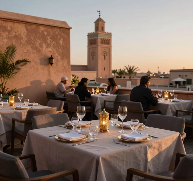 A luxury rooftop restaurant in Marrakech during sunset. Elegant table settings with crystal and muted gold accents. Deep dark charcoal shadows and soft sand colored walls. North African / Moroccan guests enjoying the view.