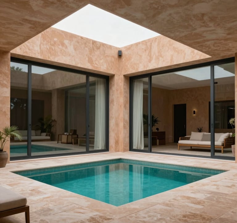 A professional interior photograph of a modern, minimalist villa in Marrakech. Large glass walls open onto a courtyard with a turquoise pool. The architecture uses Soft Sand textures and Dark Charcoal metal frames, reflecting an exclusive investment opportunity.
