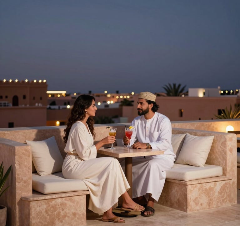 An elegant North African / Moroccan couple enjoying cocktails at dusk on a modern, minimalist rooftop bar. The design features Soft Sand stone and Ivory White cushions. In the background, the soft lights of Marrakech begin to twinkle under a deep Indigo sky.
