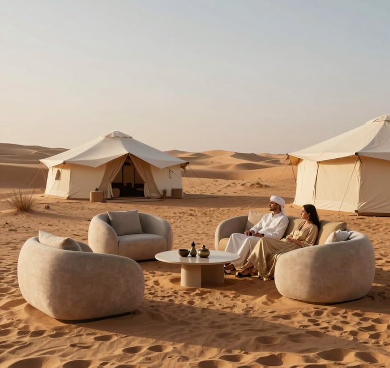 A minimalist, high-end photograph of a luxury desert camp in the Agafay desert under a clear sky. Modern furniture with soft sand and muted gold textiles. A stylish couple relaxing in a North African / Moroccan environment. Soft, golden hour lighting.