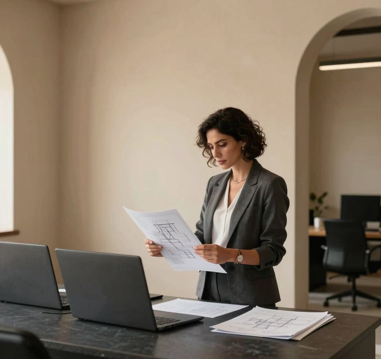 A professional woman in her 30s in a modern North African / Moroccan office with minimalist design. She is looking at architectural plans. The space features Warm Beige walls and Dark Charcoal accents.