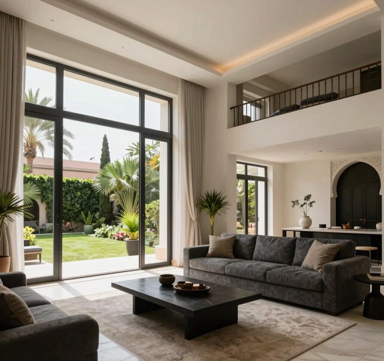 An interior shot of a modern luxury villa in Marrakech. Clean lines, high ceilings, and floor-to-ceiling windows looking out onto a lush garden. The decor uses a palette of creamy off-white and dark charcoal. North African / Moroccan upscale architecture.