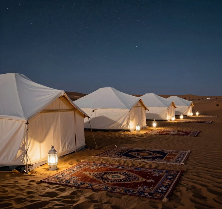A luxury desert camp scene in Agafay at night. Elegant white tents are illuminated by Ivory White lanterns. The ground is covered in traditional North African / Moroccan carpets in Muted Gold tones. A clear starry sky stretches above the vast, silent landscape.