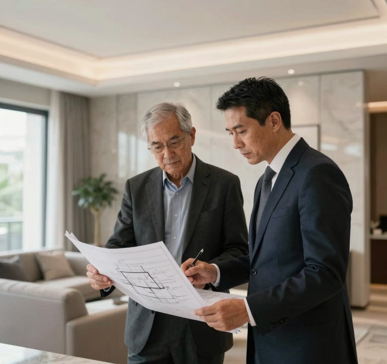 Professional Portuguese architect and engineer reviewing architectural blueprints inside a high-end restored luxury property. Modern corporate interior with clean lines, soft natural lighting, and refined architectural details.