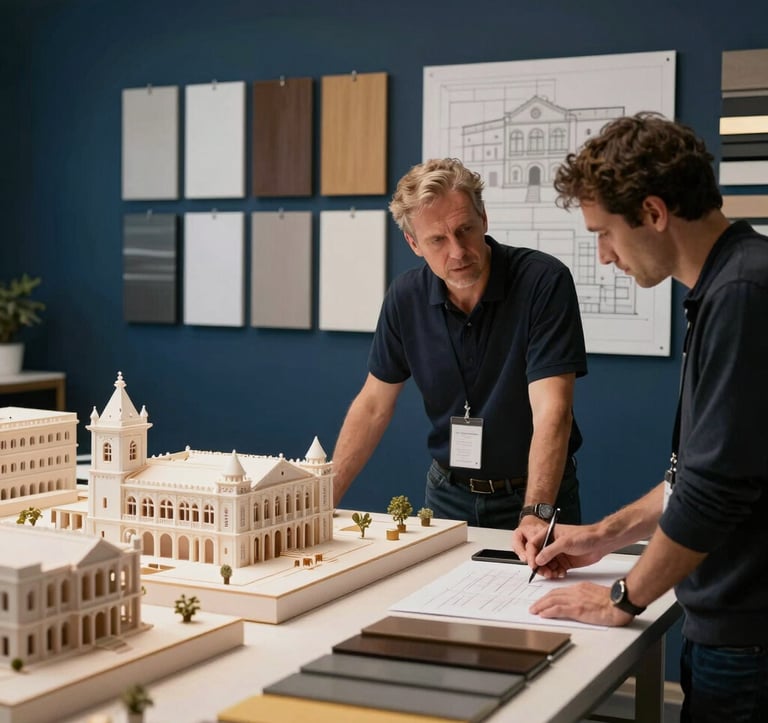 European / Portuguese architectural design studio with architects examining building models, sleek material samples, and elevation plans. Dark blue background tone with subtle warm gold lighting.