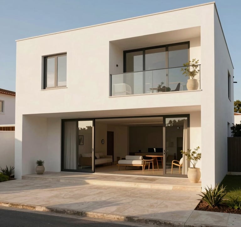 Panoramic view of a modern renovated residence in Portugal, showcasing seamless interior design, structural excellence, bright warm daylight, off-white exterior walls, clean design lines.