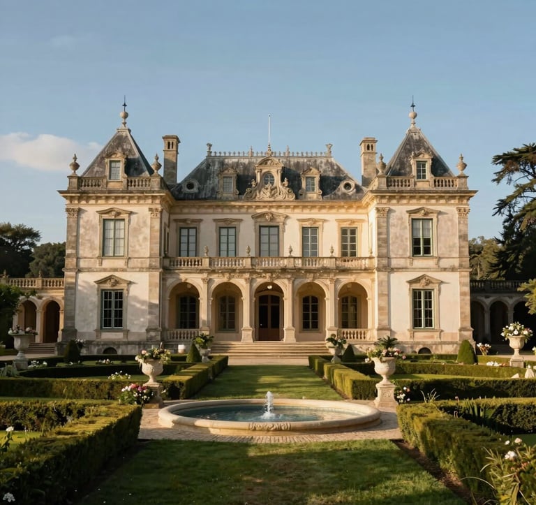 Exclusive luxury estate manor in a rural Portuguese setting, with refined historic architecture, manicured gardens, warm sunlight, sophisticated high-end estate presentation.