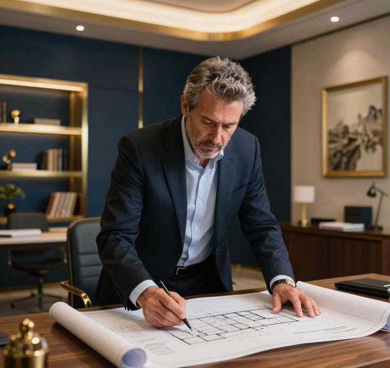 A professional portrait of an architect and real estate developer reviewing architectural blueprints on a wooden desk in a modern Portuguese office setting, warm lighting, elegant luxury decor with dark blue and warm gold accents, European / Portuguese visual context.