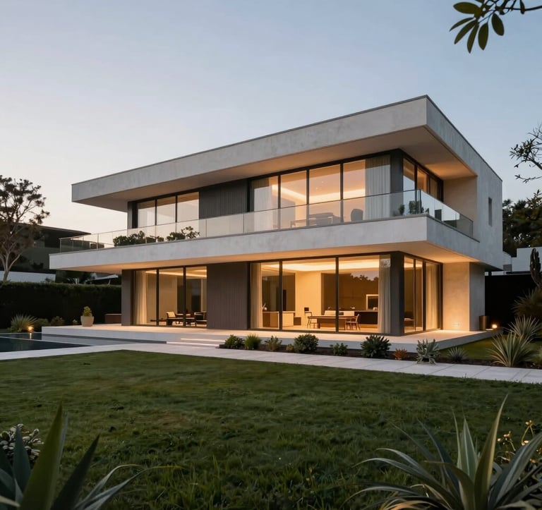 A modern European Portuguese luxury villa designed with clean architectural lines, minimalist glass facade, surrounded by manicured landscaping, warm ambient lighting.