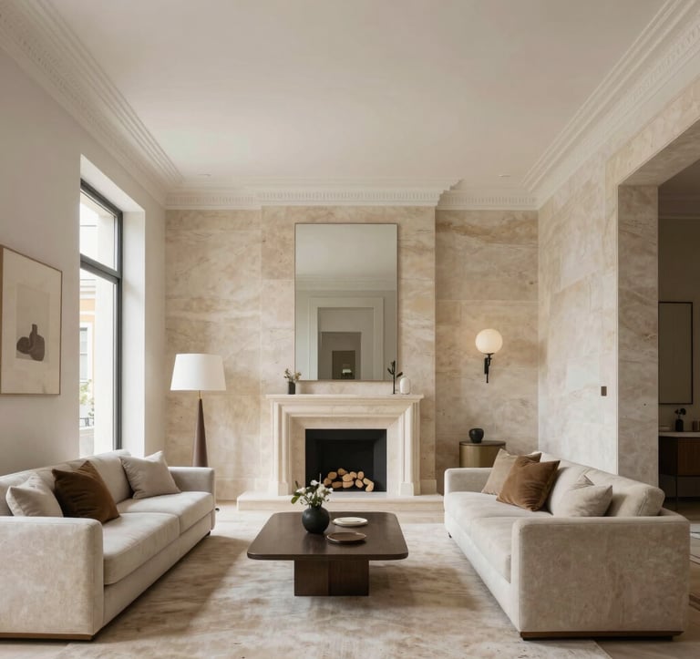 An interior view of a newly renovated luxury apartment in Lisbon, showing clean architectural details, high-end natural stone materials, bright lighting, elegant modern furniture, European / Portuguese architectural photography.