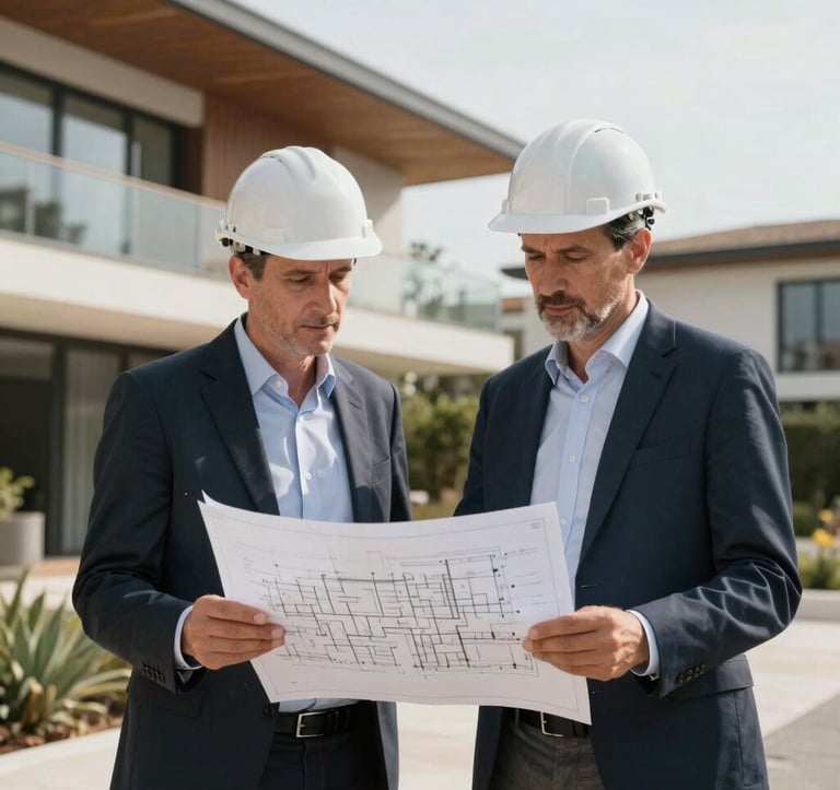A European Portuguese engineer and architect reviewing structural engineering plans on an elegant luxury residential site in Portugal, professional attire, soft daylight.