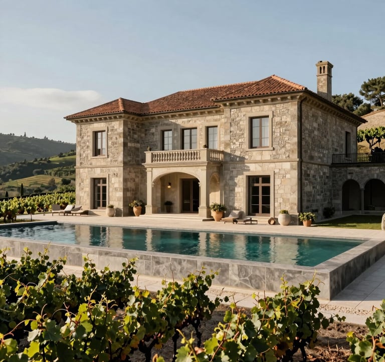 A luxurious countryside manor in Douro valley, Portugal, featuring infinity pool over vineyards, elegant stone facade, and modern architectural detailing under soft natural sunlight.