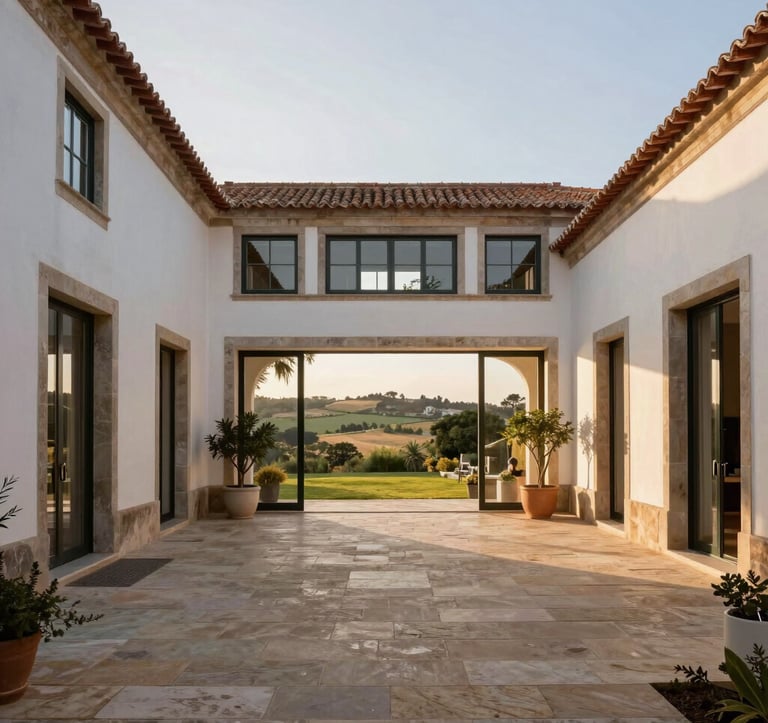 Architectural photograph of an exclusive historic Portuguese quinta with modern renovated interiors, expansive stone courtyard, and scenic country view. High-end luxury real estate aesthetic in European Portuguese countryside with warm afternoon light.