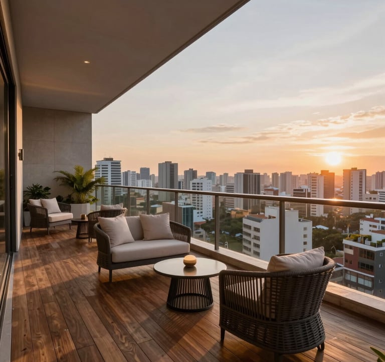 A luxury balcony view of a high-end condominium in São Paulo. Wooden decking, designer outdoor furniture, and a view of the sunset over the city. Elegant and serene atmosphere.
