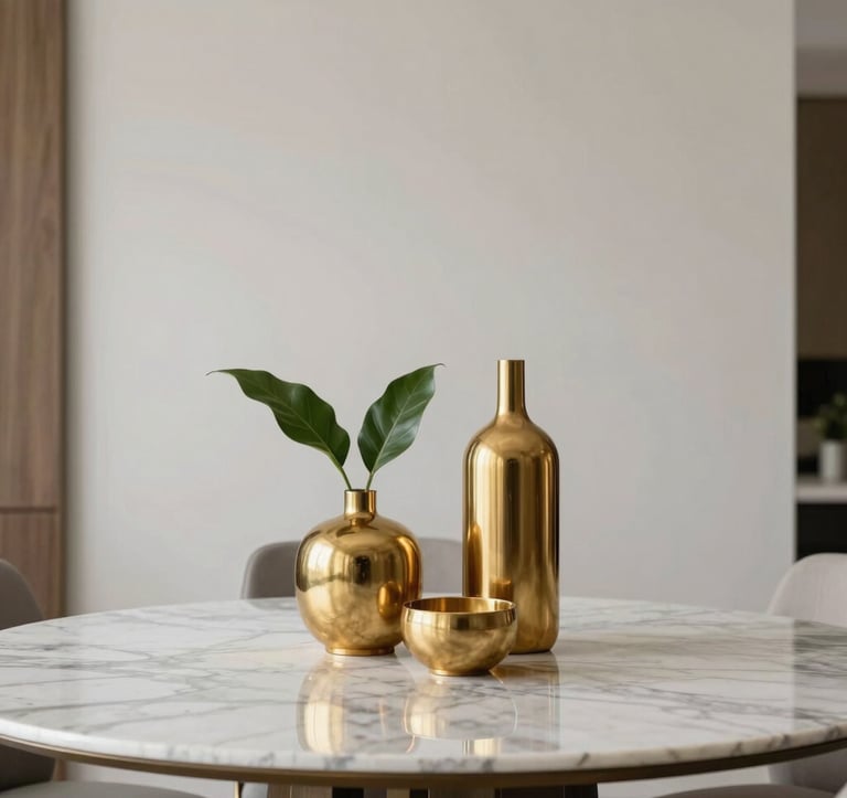 Elegant minimalist interior detail of a South American luxury home. A marble table features gold decorative objects and a small vase with green leaves, reflecting a clean, sophisticated, and modern aesthetic.