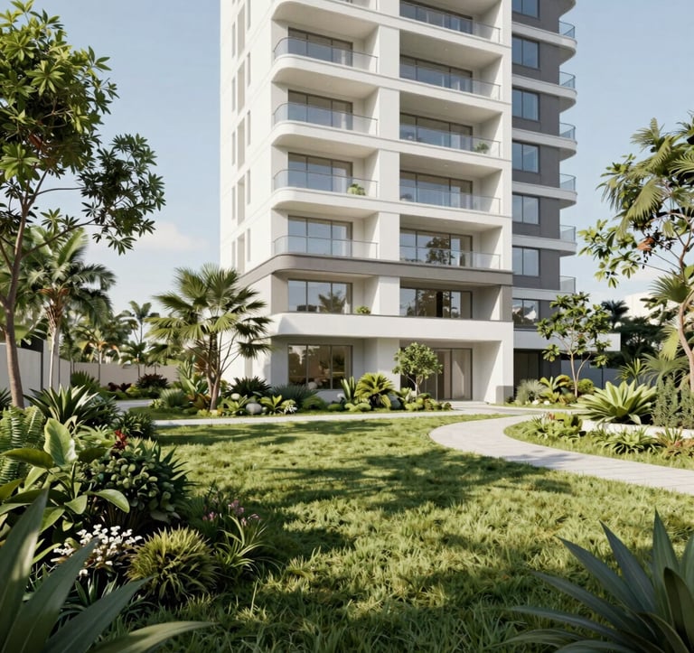 A professional architectural rendering of a high-end condominium development site, showing lush landscaping and a white modern facade. Bright, clean daytime lighting. South American / Brazilian premium real estate style.
