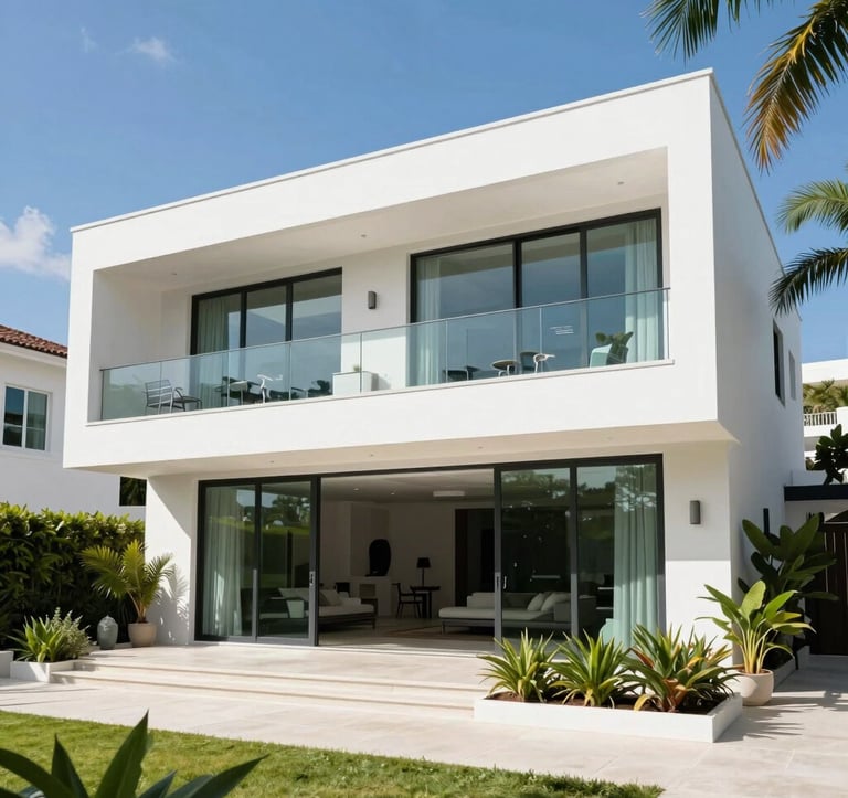 Exterior shot of a luxury villa in an upscale Alphaville neighborhood. The architecture features clean white lines and large glass panels, set against a bright blue sky and vibrant tropical greenery. The composition is clean and inviting.