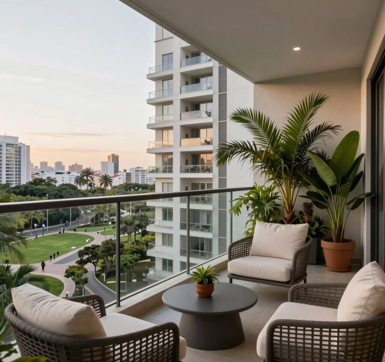 Spacious balcony of a high-end Brazilian apartment, comfortable outdoor furniture with cream textiles, potted lush tropical plants, view of a public park, late afternoon soft lighting.