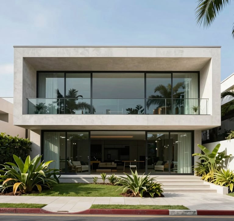 An architectural photograph of a contemporary luxury house facade in Alphaville during the day. Clean geometric lines, large glass panels, and lush tropical landscaping. Bright, airy, and sophisticated South American / Brazilian vibe.