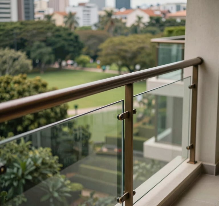 A close-up photograph of a luxurious balcony view overlooking a green park in Alphaville, featuring modern glass railings and bronze-toned metal finishes. Natural morning light. South American / Brazilian upscale residential setting.
