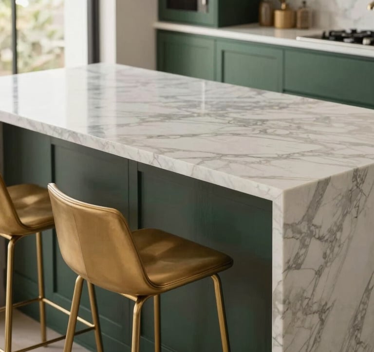 Close-up of a designer kitchen island with marble top, elegant gold bar stools, dark green wooden cabinets, soft natural light, clean and sophisticated Brazilian interior design.