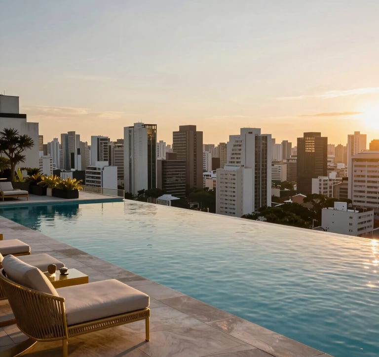 A lifestyle photograph of a luxury infinity pool on a rooftop, overlooking the city skyline of Sao Paulo. Gold accents on the outdoor furniture. Sunset lighting. South American / Brazilian cosmopolitan feel.