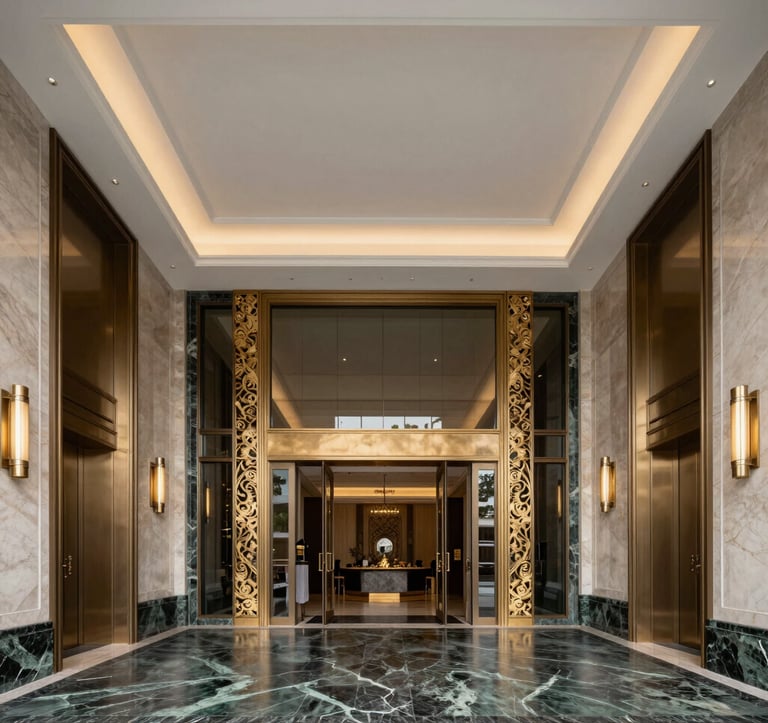 A photography of a sophisticated building entrance hall with double-height ceilings, dark green marble floors, and gold decorative elements. Minimalist and clean aesthetic. South American / Brazilian luxury interior.