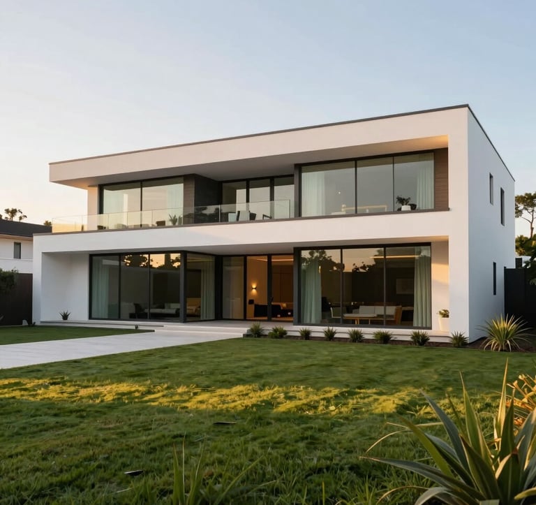 Exterior shot of a modern luxury home in Alphaville, clean white lines, large glass walls, manicured green lawn, golden hour lighting, South American high-end real estate photography.