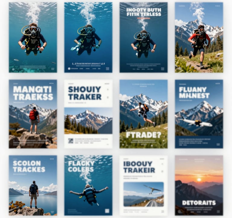 A high-quality collage of travel posters and social media ad creatives. The graphics feature scuba diving, mountain treks, and luxury flight deals, all designed with bold typography and professional travel photography.