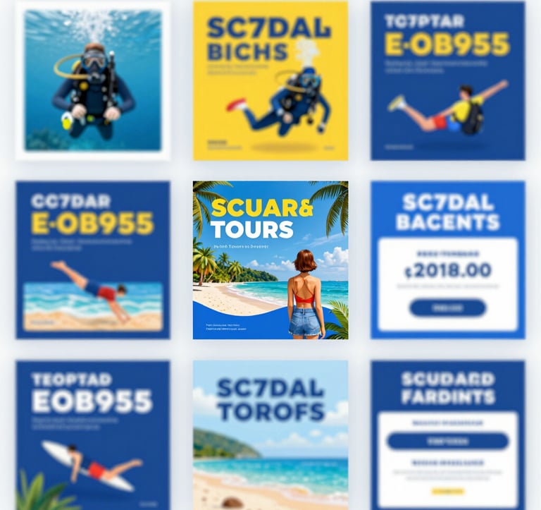 A collection of vibrant, modern digital marketing posters for travel services, including scuba diving, beach tours, and ticket booking, displayed in a professional grid. Clean, bold typography, using the brand colors #2C7DA0 and #E0B95B.